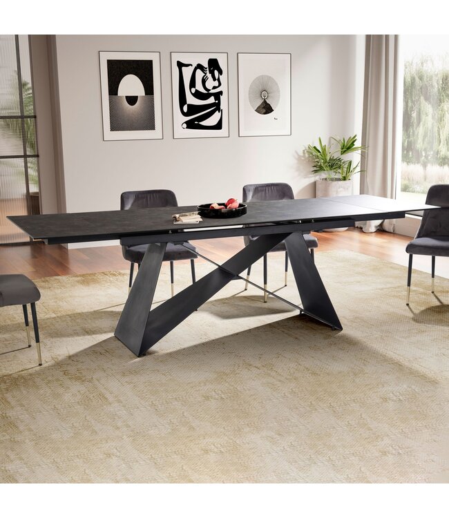 Wohnling eetkamertafel 180 - 260 cm uitschuifbaar keramiek glas zwart, keramische tafel groot, design keukentafel rechthoekig, eettafel extravagant met metalen poten