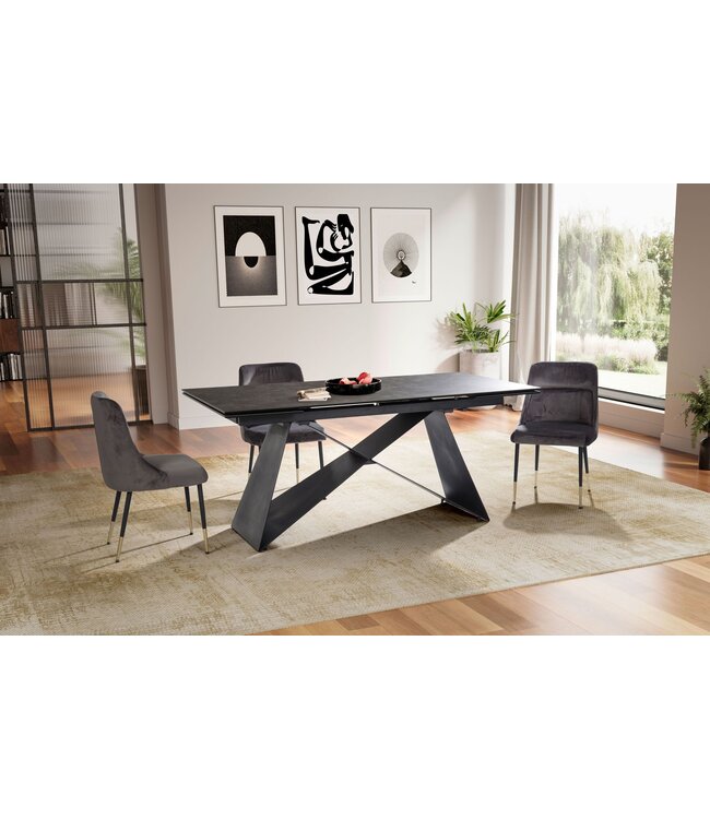 Wohnling eetkamertafel 180 - 260 cm uitschuifbaar keramiek glas zwart, keramische tafel groot, design keukentafel rechthoekig, eettafel extravagant met metalen poten