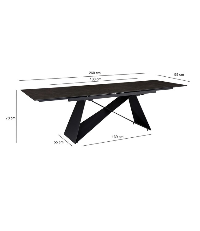 Wohnling eetkamertafel 180 - 260 cm uitschuifbaar keramiek glas zwart, keramische tafel groot, design keukentafel rechthoekig, eettafel extravagant met metalen poten