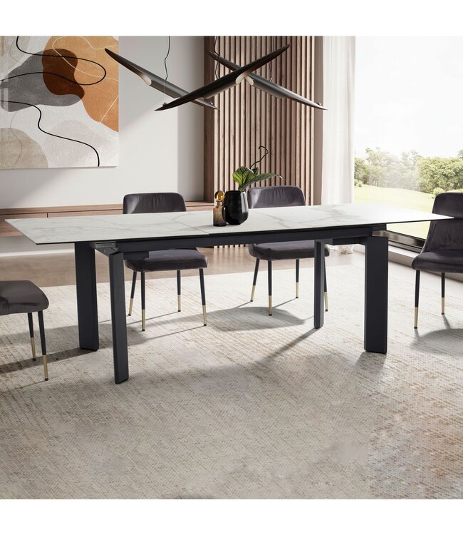 Wohnling Eetkamertafel 180x95x77 cm Glaskeramiek Eettafel Wit Marmeren Look, Keukentafel Uitschuifbaar tot 240 cm, Grote Glazen Tafel, Eettafel Eetkamer Rechthoekig met Metalen Poten