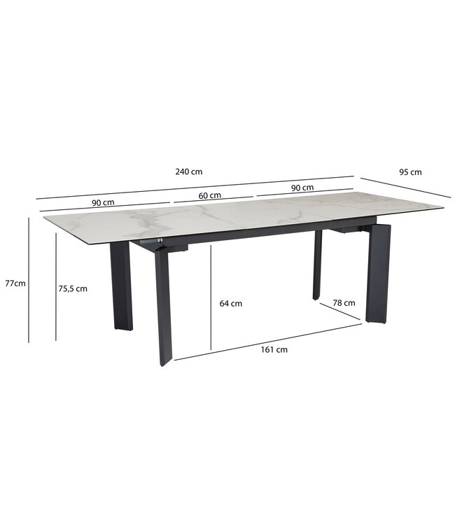 Wohnling Eetkamertafel 180x95x77 cm Glaskeramiek Eettafel Wit Marmeren Look, Keukentafel Uitschuifbaar tot 240 cm, Grote Glazen Tafel, Eettafel Eetkamer Rechthoekig met Metalen Poten