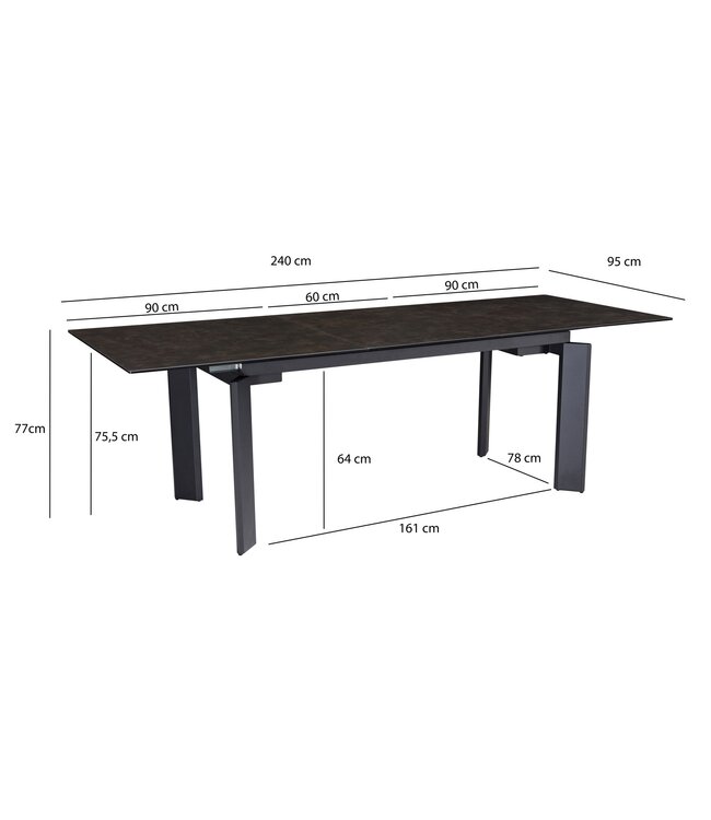 Wohnling Eetkamertafel 180x95x77 cm Glaskeramiek Eettafel Zwart, Keukentafel Uitschuifbaar tot 240 cm, Glazen Tafel Groot, Eettafel Eetkamer Rechthoekig met Metalen Poten