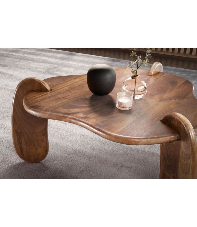 Wohnling salontafel 78x78x39,5 cm mango massief hout walnootkleurige salontafel laag, driepoot woonkamertafel organisch, design salontafel woonkamer modern met natuurlijke houtnerf