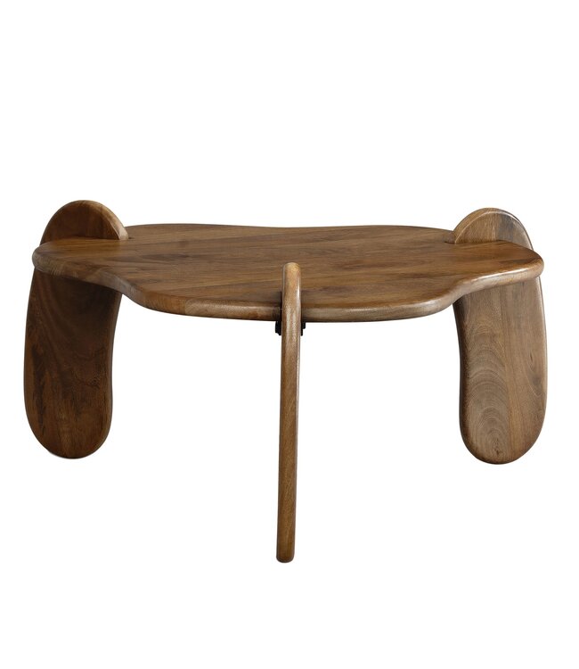 Wohnling salontafel 78x78x39,5 cm mango massief hout walnootkleurige salontafel laag, driepoot woonkamertafel organisch, design salontafel woonkamer modern met natuurlijke houtnerf