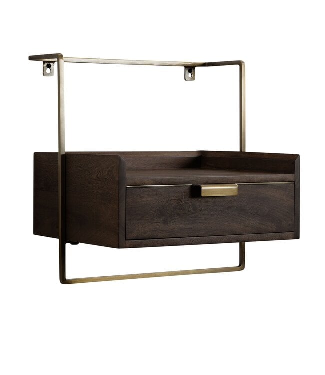 Wohnling nachtconsole voor wandmontage 44x45x35 cm mango massief hout donkerbruin, nachtkastje met lade, zwevende wandplank voor boxspringbed, nachtkastje hangend