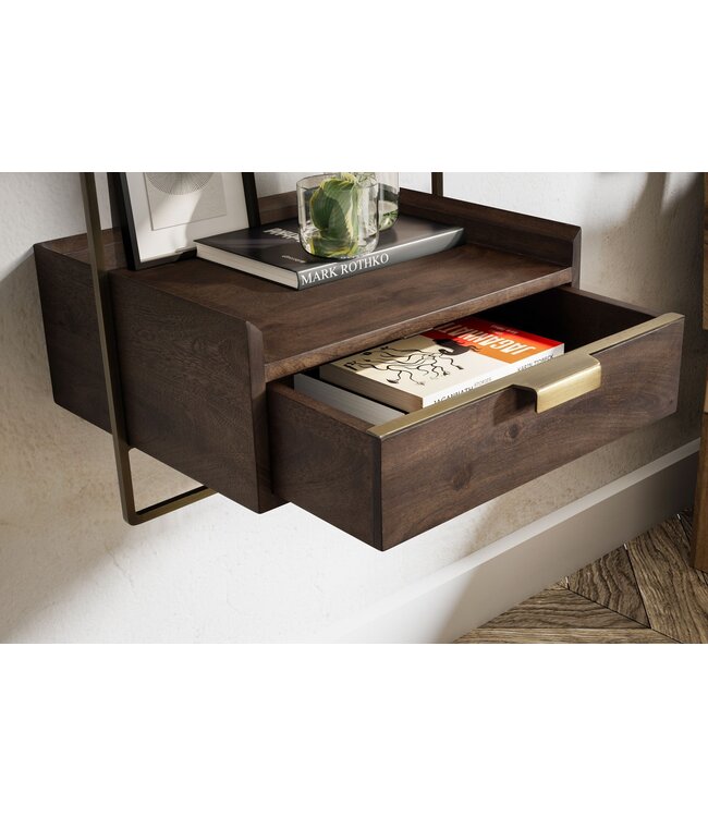 Wohnling nachtconsole voor wandmontage 44x45x35 cm mango massief hout donkerbruin, nachtkastje met lade, zwevende wandplank voor boxspringbed, nachtkastje hangend