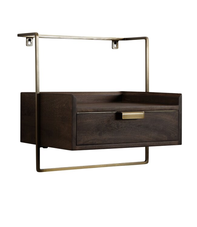 Wohnling nachtconsole voor wandmontage 44x45x35 cm mango massief hout donkerbruin, nachtkastje met lade, zwevende wandplank voor boxspringbed, nachtkastje hangend