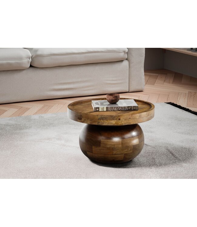 Wohnling salontafel 50x50x30,5 cm mango massief hout walnootkleurige salontafel rond, design woonkamertafel laag, salontafel woonkamer modern met natuurlijke houtnerf