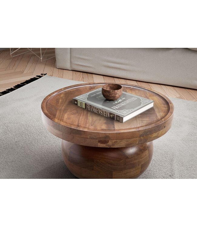 Wohnling salontafel 50x50x30,5 cm mango massief hout walnootkleurige salontafel rond, design woonkamertafel laag, salontafel woonkamer modern met natuurlijke houtnerf