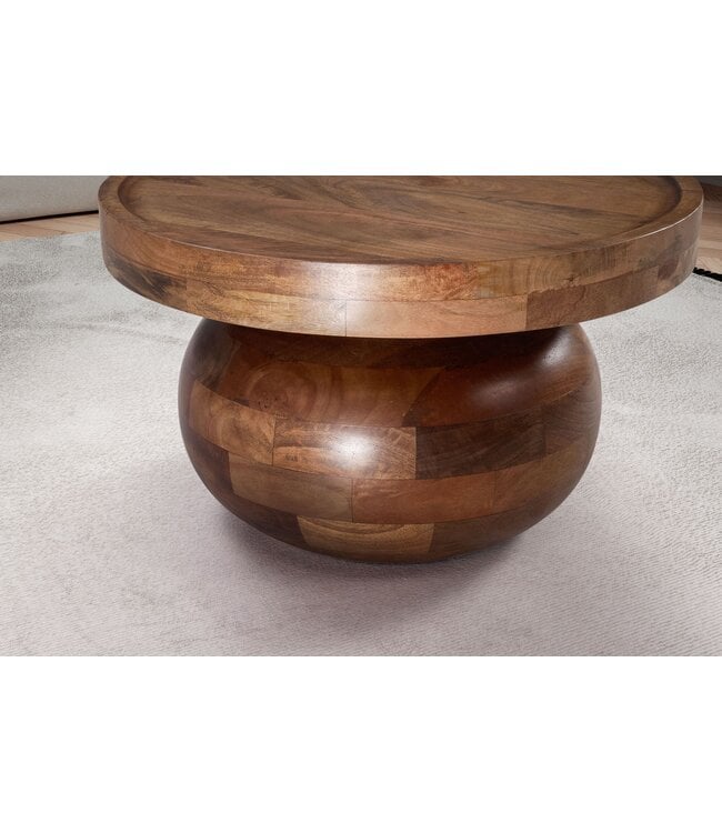 Wohnling salontafel 50x50x30,5 cm mango massief hout walnootkleurige salontafel rond, design woonkamertafel laag, salontafel woonkamer modern met natuurlijke houtnerf