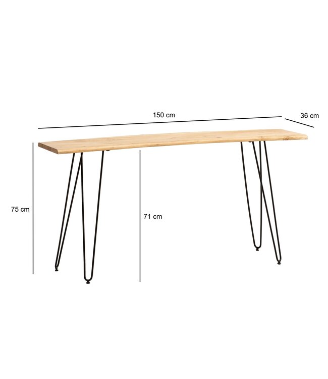 Wohnling Bureau 150x36x75 cm Acacia Massief Hout / Metaal Computerbureau Boomrand, Thuiskantoor Kantoorbureau Massief met Haarspeldpoten in Zwart, Houten Tafel Smal Laptoptafel Studeerkamer