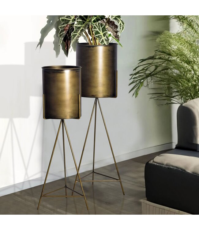 Wohnling bloempot set van 2 metalen plantenbakken goud met frame, design ijzeren plantenbak rond, bloempot plantenbak binnen hoog