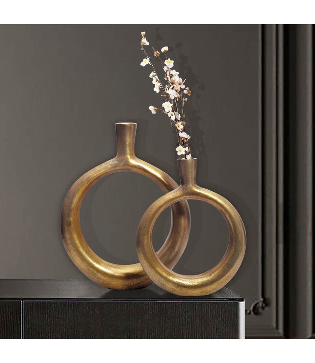Wohnling Decoratieve Vaas Set van 2 Aluminium Goud Donut Bloemenvaas Modern, Decoratieve Vaas Rond 2-delig voor Bloemen, Aluminium Tafelvaas Huisdecoratie Tafeldecoratie Handgemaakt