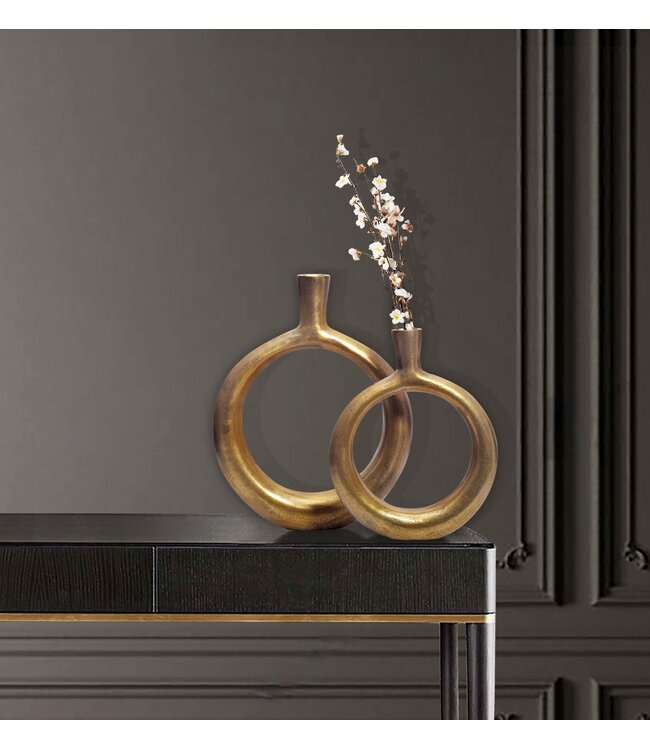 Wohnling Decoratieve Vaas Set van 2 Aluminium Goud Donut Bloemenvaas Modern, Decoratieve Vaas Rond 2-delig voor Bloemen, Aluminium Tafelvaas Huisdecoratie Tafeldecoratie Handgemaakt