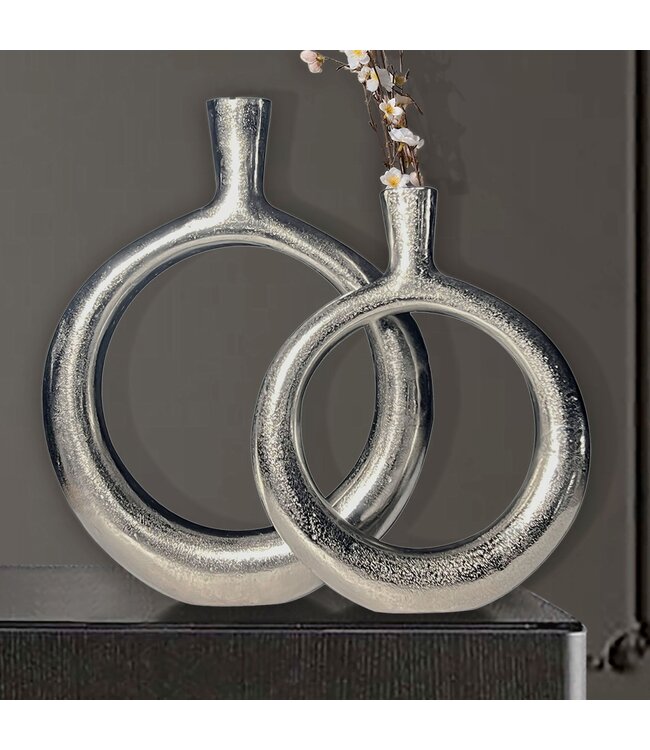 Wohnling Decoratieve Vaas Set van 2 Aluminium Zilver Donut Bloemenvaas Modern, Decoratieve Vaas Rond 2-delig voor Bloemen, Aluminium Tafelvaas Woondecoratie Tafeldecoratie Handgemaakt