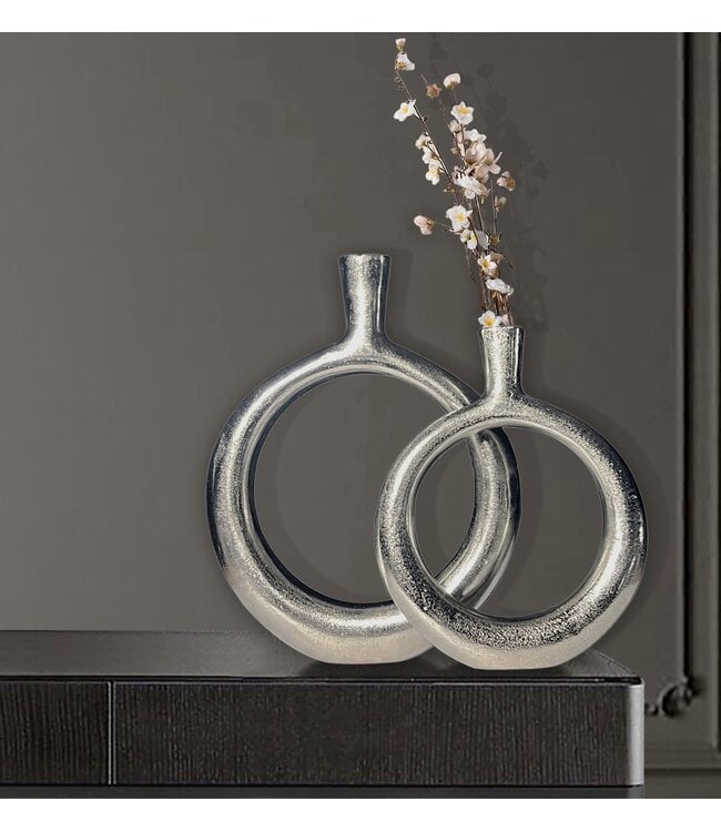 Wohnling Decoratieve Vaas Set van 2 Aluminium Zilver Donut Bloemenvaas Modern, Decoratieve Vaas Rond 2-delig voor Bloemen, Aluminium Tafelvaas Woondecoratie Tafeldecoratie Handgemaakt