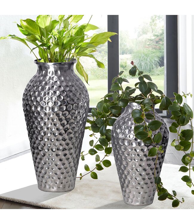 Wohnling Decoratieve Vaas Set van 2 Aluminium Zilver Amphora Bloemenvaas Modern, Decoratieve Vaas Rond 2-delig voor Bloemen, Aluminium Tafelvaas Woondecoratie Metalen Tafeldecoratie Handgemaakt