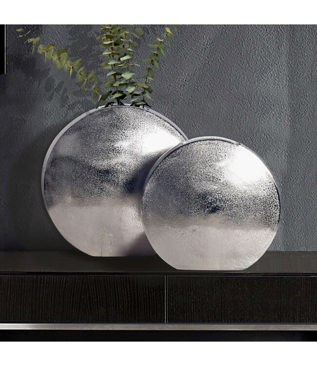 Wohnling Decoratieve Vaas Set van 2 Aluminium Zilveren Bloemenvaas Modern, Decoratieve Vaas Rond 2-delig voor Bloemen, Aluminium Tafelvaas Woondecoratie Metalen Tafeldecoratie Handgemaakt