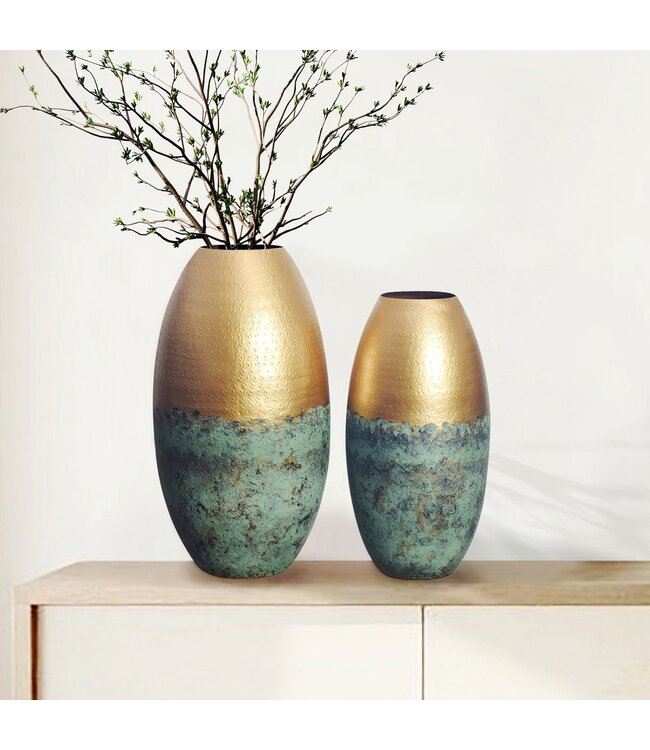 Wohnling Decoratieve Vaas Set van 2 Aluminium Goud Patina Bloemenvaas Modern, Decoratieve Vaas Geperforeerd Rond 2-delig voor Bloemen, Aluminium Tafelvaas Woondecoratie Tafeldecoratie Handgemaakt