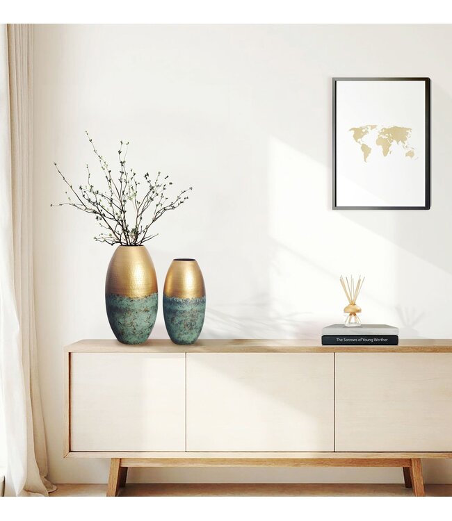 Wohnling Decoratieve Vaas Set van 2 Aluminium Goud Patina Bloemenvaas Modern, Decoratieve Vaas Geperforeerd Rond 2-delig voor Bloemen, Aluminium Tafelvaas Woondecoratie Tafeldecoratie Handgemaakt
