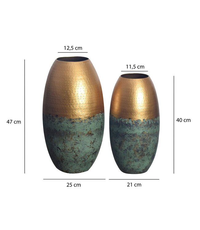 Wohnling Decoratieve Vaas Set van 2 Aluminium Goud Patina Bloemenvaas Modern, Decoratieve Vaas Geperforeerd Rond 2-delig voor Bloemen, Aluminium Tafelvaas Woondecoratie Tafeldecoratie Handgemaakt