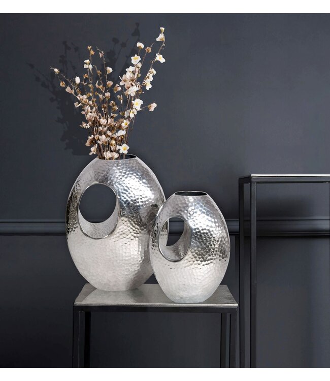 Wohnling decoratieve vaas set van 2 aluminium zilver met handvat bloemenvaas moderne, gehamerde decoratieve vaas 2-delig voor bloemen, aluminium tafelvaas handgemaakt