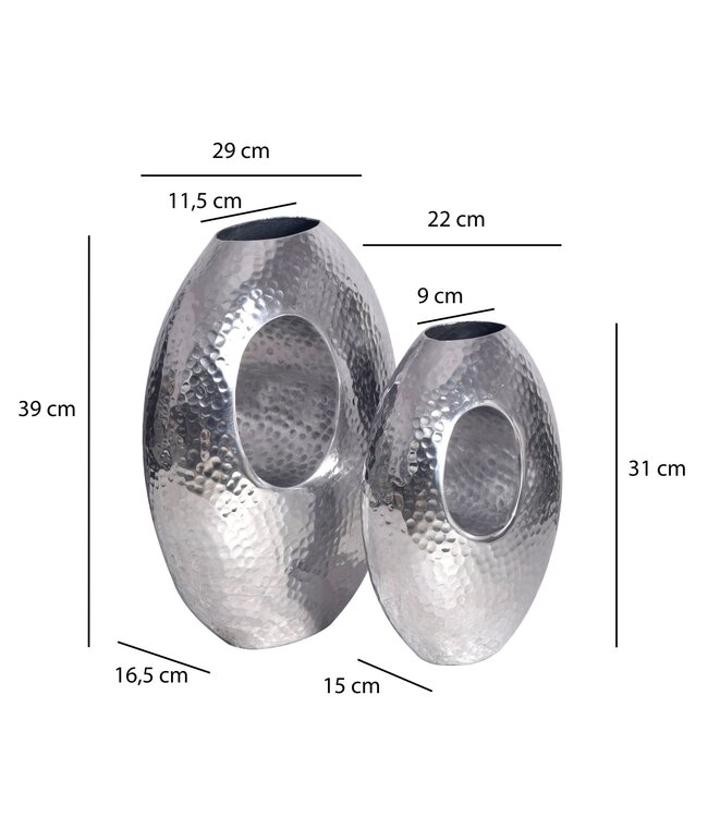 Wohnling decoratieve vaas set van 2 aluminium zilver met handvat bloemenvaas moderne, gehamerde decoratieve vaas 2-delig voor bloemen, aluminium tafelvaas handgemaakt