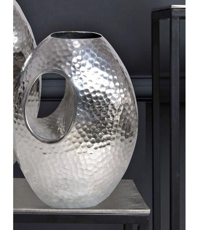 Wohnling decoratieve vaas set van 2 aluminium zilver met handvat bloemenvaas moderne, gehamerde decoratieve vaas 2-delig voor bloemen, aluminium tafelvaas handgemaakt