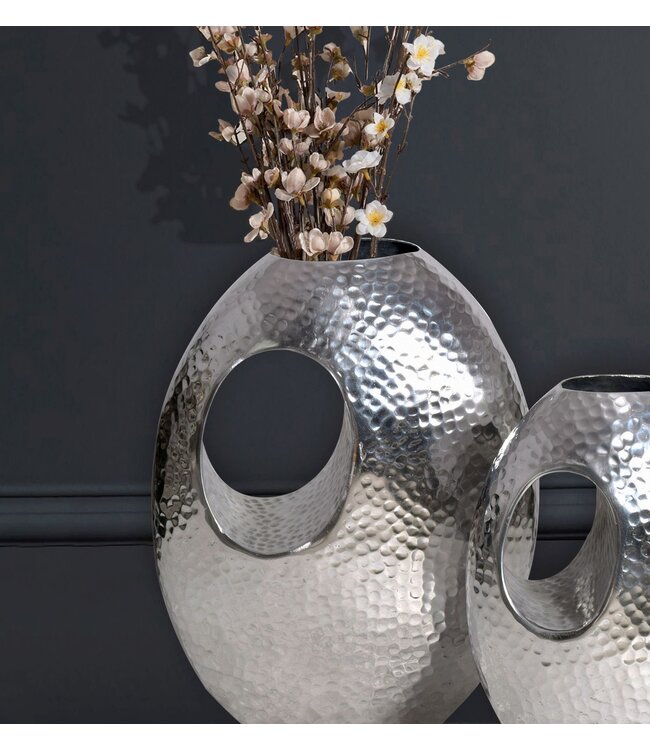 Wohnling decoratieve vaas set van 2 aluminium zilver met handvat bloemenvaas moderne, gehamerde decoratieve vaas 2-delig voor bloemen, aluminium tafelvaas handgemaakt