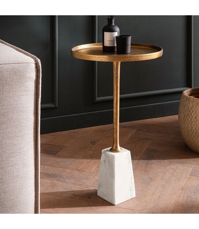 Wohnling Bijzettafel Echt Marmer Metaal 34x34x58 cm Bijzettafel Goud Wit, Kleine Bijzettafel Rond, Woonkamertafel Bank Modern, Marmeren Tafel Hoog