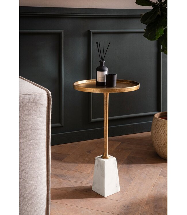 Wohnling Bijzettafel Echt Marmer Metaal 34x34x58 cm Bijzettafel Goud Wit, Kleine Bijzettafel Rond, Woonkamertafel Bank Modern, Marmeren Tafel Hoog