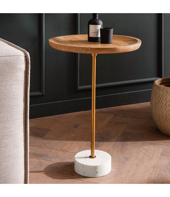 Wohnling Bijzettafel Mango Massief Hout Echt Marmer 40x40x55 cm Bijzettafel, Kleine Ronde Bijzettafel, Woonkamertafel Bank Modern, Sofa Tafel Hoog