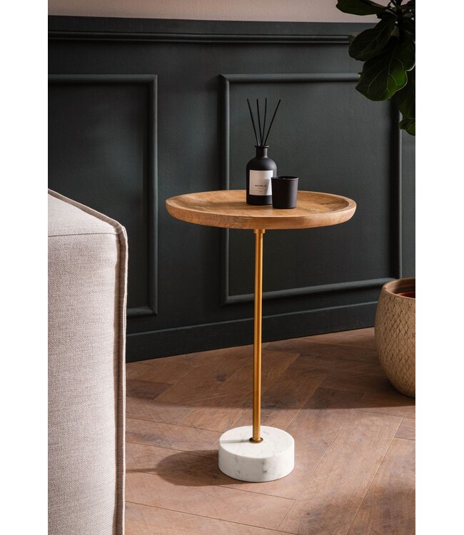Wohnling Bijzettafel Mango Massief Hout Echt Marmer 40x40x55 cm Bijzettafel, Kleine Ronde Bijzettafel, Woonkamertafel Bank Modern, Sofa Tafel Hoog