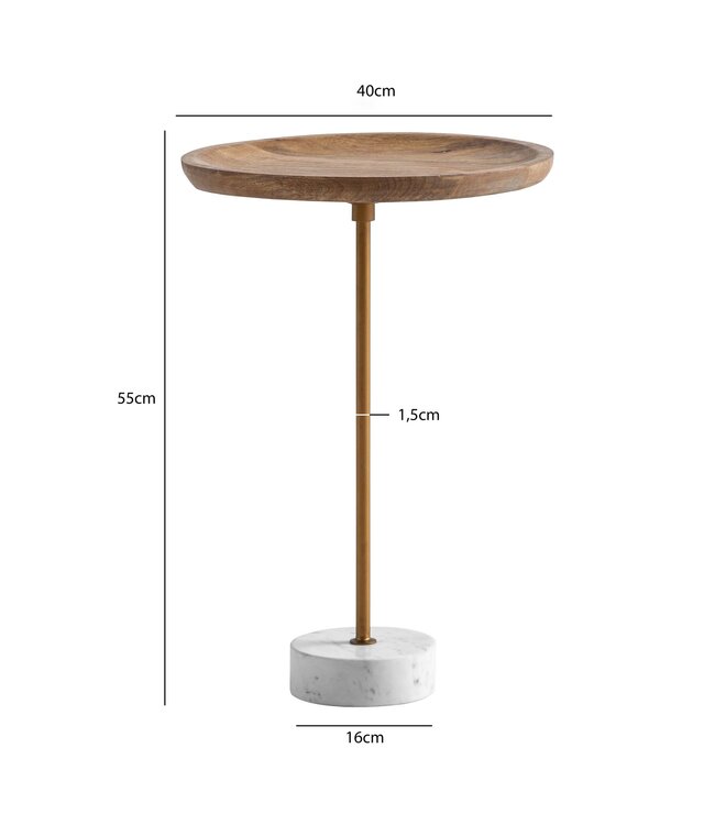Wohnling Bijzettafel Mango Massief Hout Echt Marmer 40x40x55 cm Bijzettafel, Kleine Ronde Bijzettafel, Woonkamertafel Bank Modern, Sofa Tafel Hoog