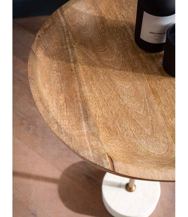 Wohnling Bijzettafel Mango Massief Hout Echt Marmer 40x40x55 cm Bijzettafel, Kleine Ronde Bijzettafel, Woonkamertafel Bank Modern, Sofa Tafel Hoog