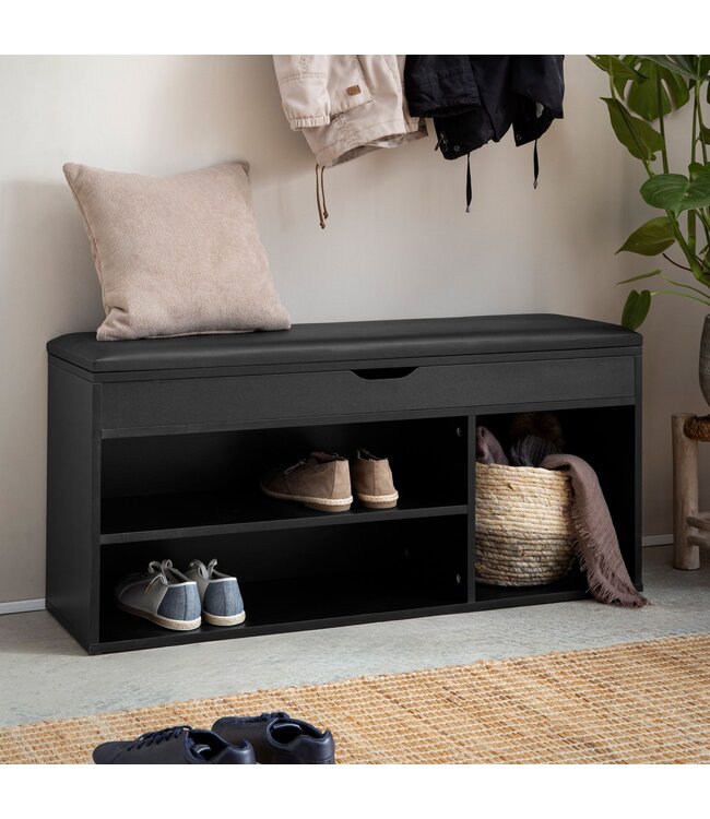 Wohnling schoenenbank met zitting, garderobebank 104x51x32 cm, zwart kunstleer, kleine gestoffeerde houten bank, smalle gangbank met opbergruimte, borstbank, schoenenkist, gangmeubilair