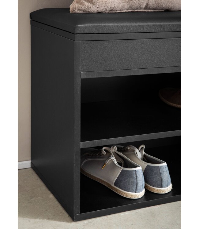Wohnling schoenenbank met zitting, garderobebank 104x51x32 cm, zwart kunstleer, kleine gestoffeerde houten bank, smalle gangbank met opbergruimte, borstbank, schoenenkist, gangmeubilair