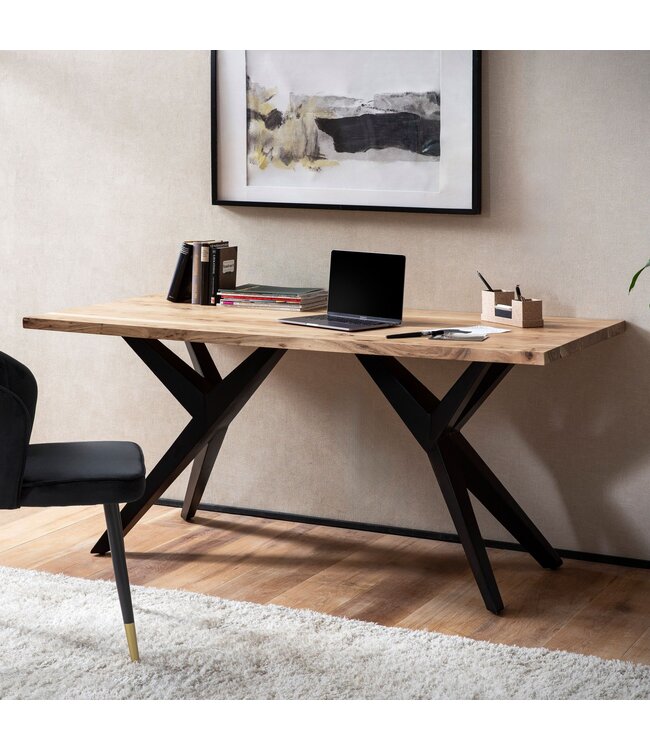 Wohnling Bureau 160x80x76 cm Massief acaciahouten computerbureau in loftstijl, thuiskantoorbureau met metalen poten, grote industriële houten tafel, rechthoekige laptoptafel voor studeerkamer