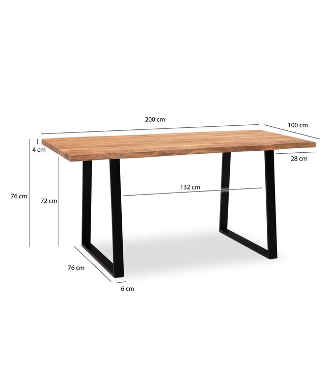 Wohnling eettafel 200x100x76 cm acacia massief hout/metaal eettafel boomrand, massieve keukentafel met trapeziumpoten in zwart, houten tafel eettafel eetkamer rechthoekig