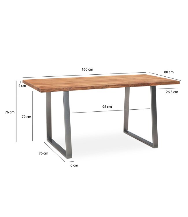 Wohnling eettafel 160x80x76 cm acacia massief hout / metaal eettafel boomrand, keukentafel massief met trapeziumvormige poten in chroom, houten tafel eettafel eetkamer rechthoekig