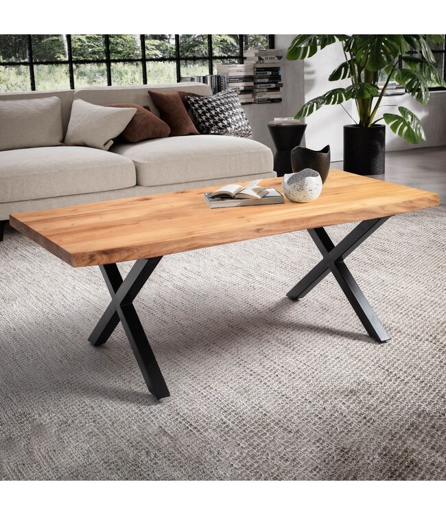 Wohnling salontafel 120x60x46 cm acacia massief hout / metalen boomrand, design woonkamertafel rechthoekig, salontafel bruin, salontafel met zwarte poten in X-vorm