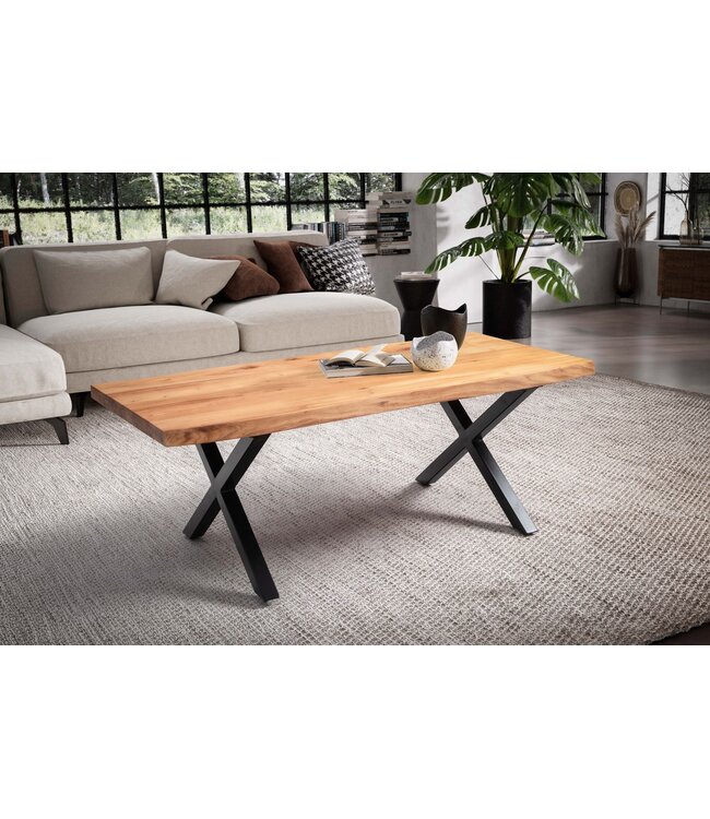 Wohnling salontafel 120x60x46 cm acacia massief hout / metalen boomrand, design woonkamertafel rechthoekig, salontafel bruin, salontafel met zwarte poten in X-vorm