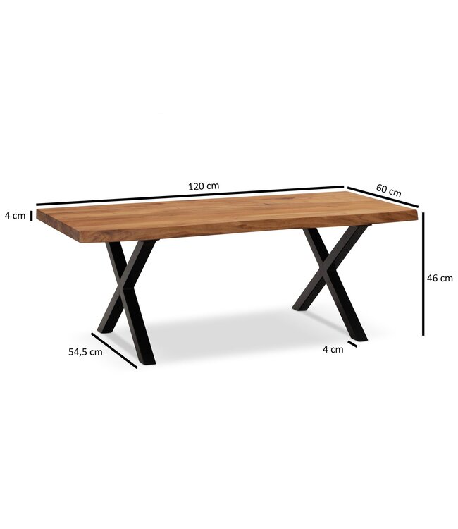 Wohnling salontafel 120x60x46 cm acacia massief hout / metalen boomrand, design woonkamertafel rechthoekig, salontafel bruin, salontafel met zwarte poten in X-vorm