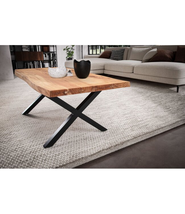 Wohnling salontafel 120x60x46 cm acacia massief hout / metalen boomrand, design woonkamertafel rechthoekig, salontafel bruin, salontafel met zwarte poten in X-vorm