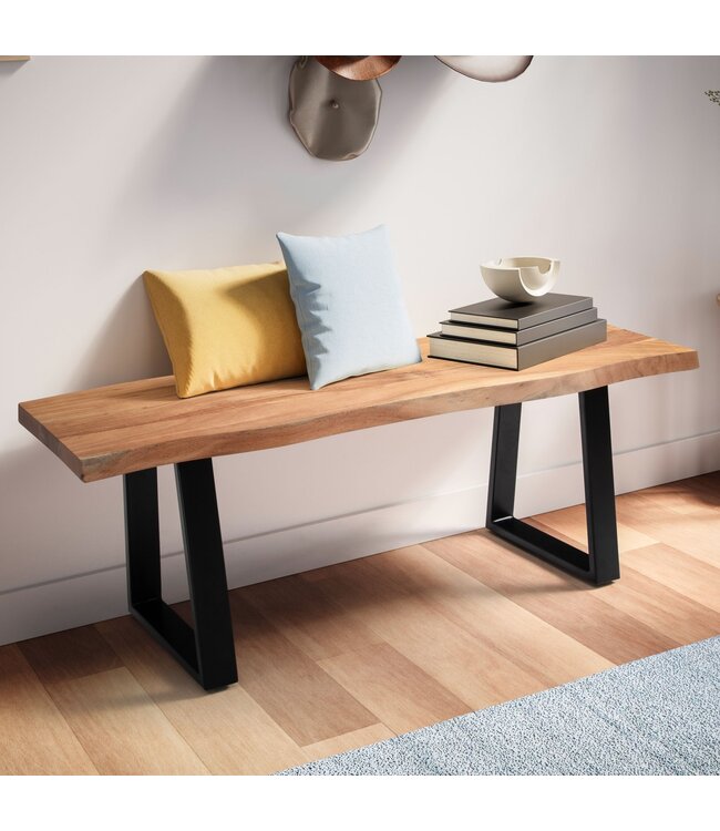 Wohnling kledingkastbank 120x40x45,5 cm acacia massief hout / metaal met boomrand, halbank massief houten bank zonder rugleuning, halbank moderne entree kleine trapeziumvormige poten zwart