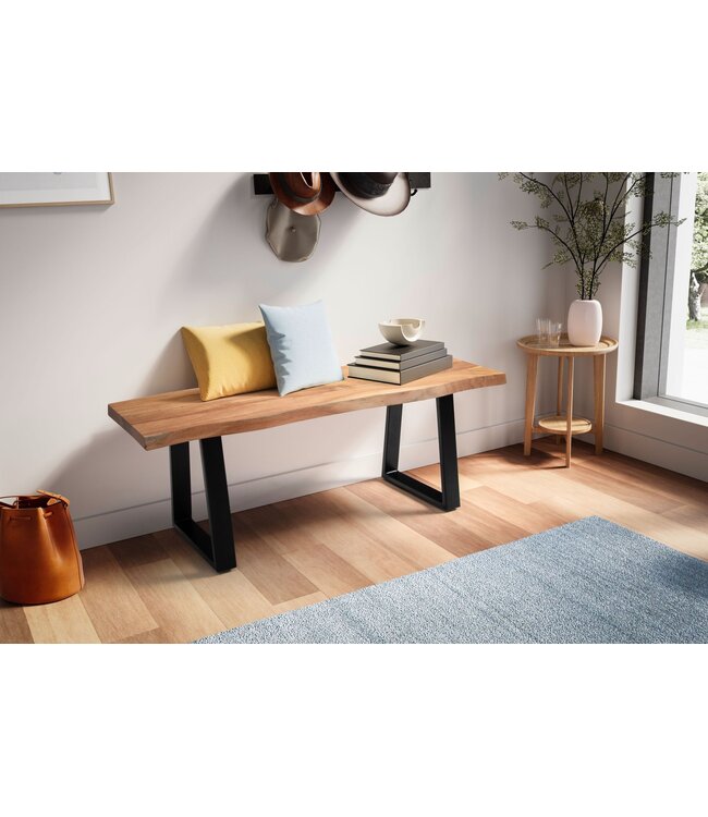 Wohnling kledingkastbank 120x40x45,5 cm acacia massief hout / metaal met boomrand, halbank massief houten bank zonder rugleuning, halbank moderne entree kleine trapeziumvormige poten zwart