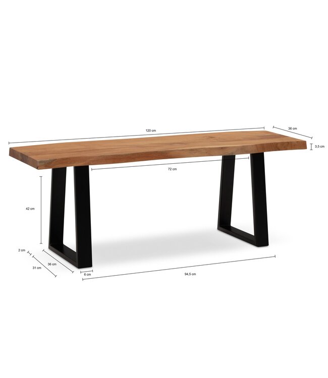 Wohnling kledingkastbank 120x40x45,5 cm acacia massief hout / metaal met boomrand, halbank massief houten bank zonder rugleuning, halbank moderne entree kleine trapeziumvormige poten zwart