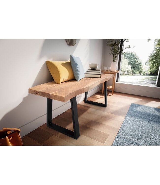 Wohnling kledingkastbank 120x40x45,5 cm acacia massief hout / metaal met boomrand, halbank massief houten bank zonder rugleuning, halbank moderne entree kleine trapeziumvormige poten zwart