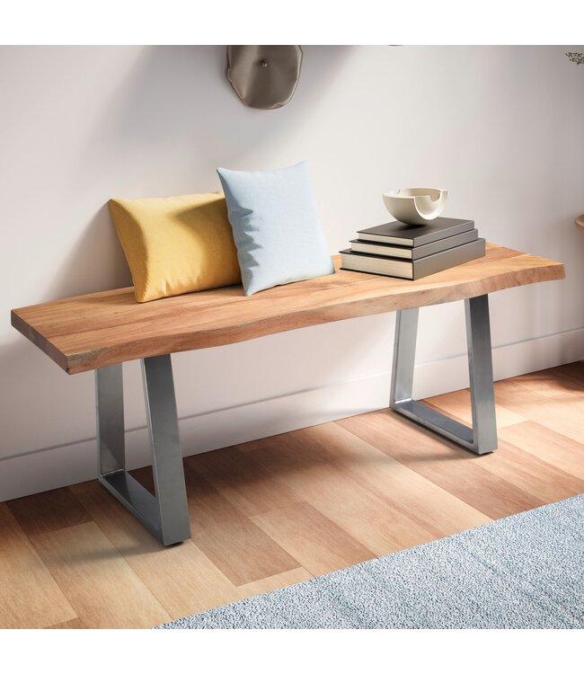 Wohnling kledingkastbank 120x40x45,5 cm acacia massief hout / metaal met boomrand, halbank massief houten bank zonder rugleuning, halbank moderne entree kleine trapeziumpoten chroom