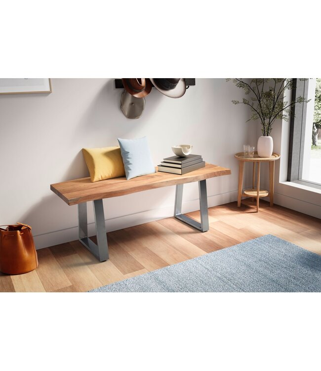 Wohnling kledingkastbank 120x40x45,5 cm acacia massief hout / metaal met boomrand, halbank massief houten bank zonder rugleuning, halbank moderne entree kleine trapeziumpoten chroom